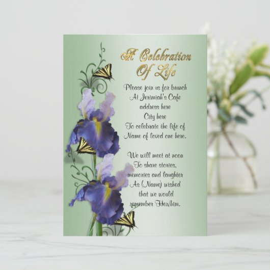 Viering van het leven Uitnodiging Iris en vlinder (Staand voorkant)