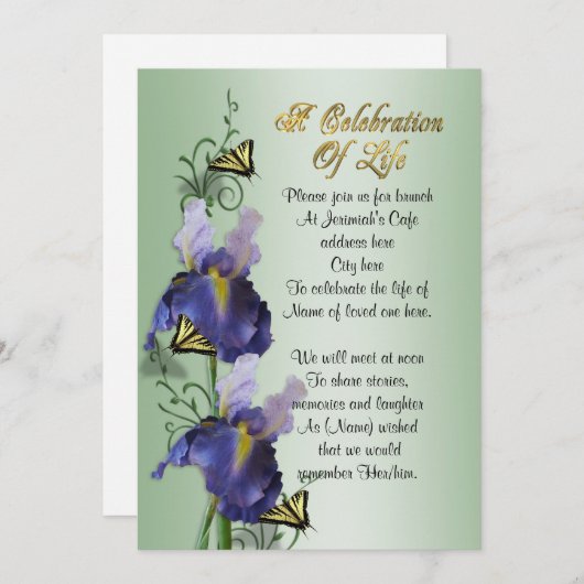 Viering van het leven Uitnodiging Iris en vlinder (Voorkant / Achterkant)