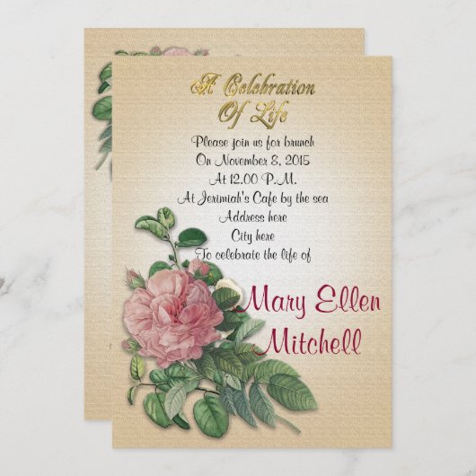 Viering van het leven Uitnodiging  roos (Voorkant / Achterkant)