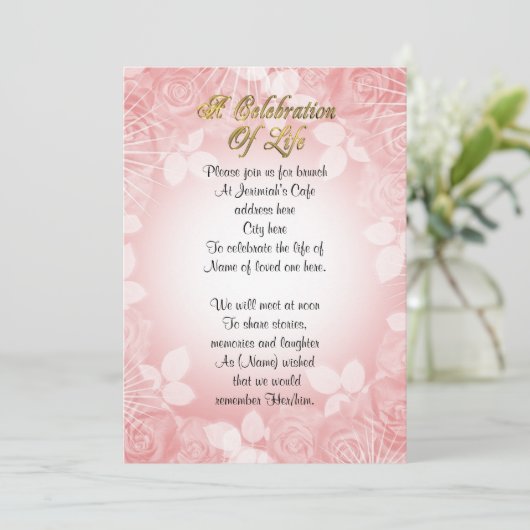 Viering van het leven Uitnodiging roze bloemen (Staand voorkant)