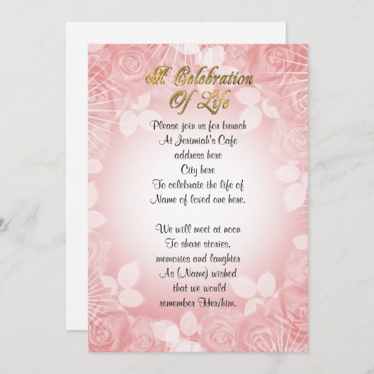 Viering van het leven Uitnodiging roze bloemen (Voorkant / Achterkant)