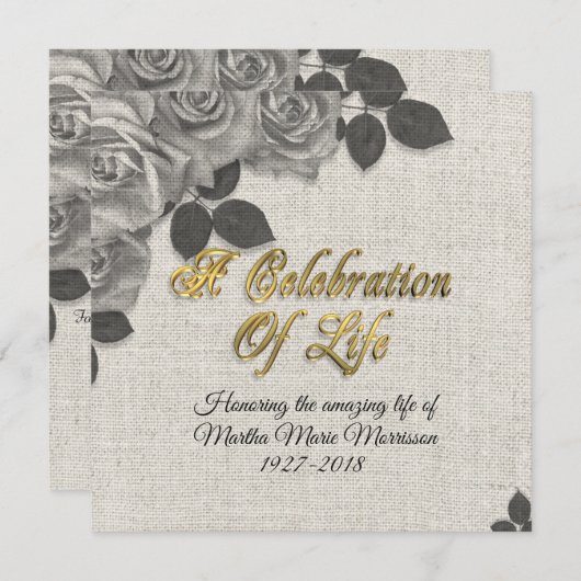 Viering van het leven uitnodiging Rozen op Linen (Voorkant / Achterkant)