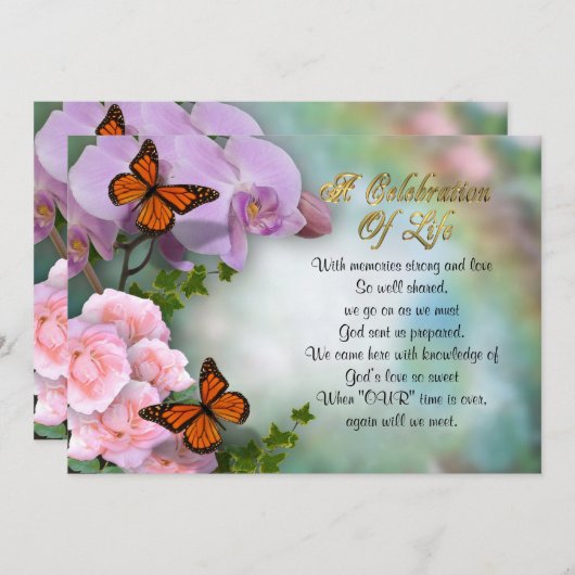 Viering van het leven Uitnodiging vlinders (Voorkant / Achterkant)