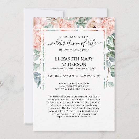 Viering van het Leven Uitvaart Memorial Pink Blush Kaart (Voorkant)