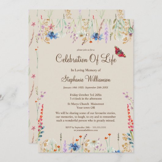 Viering van het leven Wildflower & Vlinder Kaart (Voorkant / Achterkant)