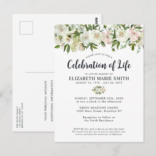 Viering van het leven Witte Bloemen Begrafenis Mem Briefkaart (Voorkant / Achterkant)