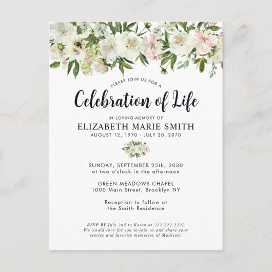 Viering van het leven Witte Bloemen Begrafenis Mem Briefkaart (Voorkant)