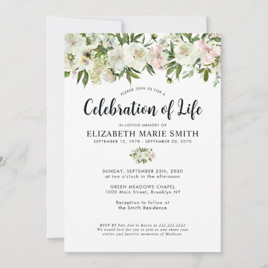 Viering van het leven Witte Bloemen Begrafenis Mem Kaart (Voorkant)