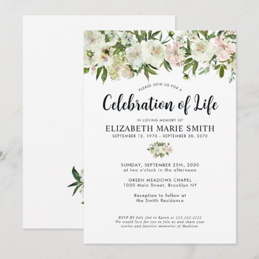 Viering van het leven Witte Bloemen Begrafenis Mem Kaart (Voorkant / Achterkant)