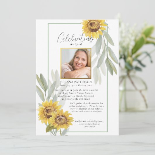 Viering van het leven Zonnebloemen Begrafenisfoto' Kaart (Staand voorkant)