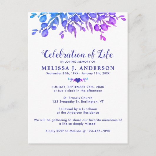 Viering van het Paarse eucalyptusbegrafenis in het Uitnodiging Briefkaart (Voorkant)