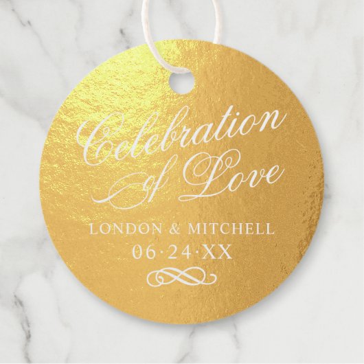 Viering van Liefde Elegant Bruiloft Monogram Goud Bedankjes Labels (Voorkant)