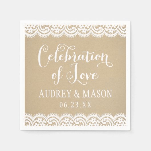 Viering van liefde rustieke kraft en kant bruiloft servetten (Voorkant)