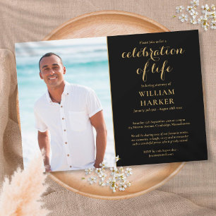 Viering van Life Black en Gold Funeral Photo Kaart