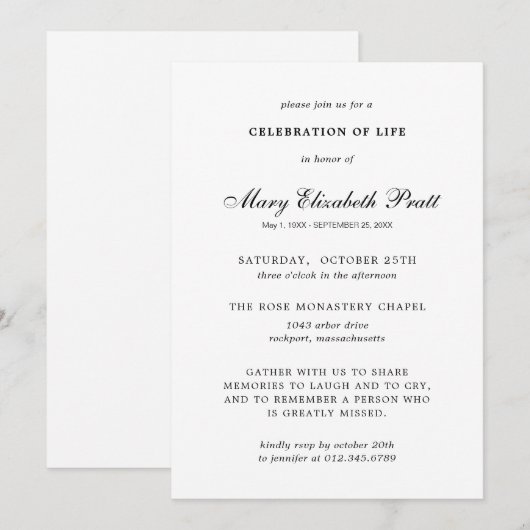 Viering van Life Black White Elegant Funeral Kaart (Voorkant / Achterkant)