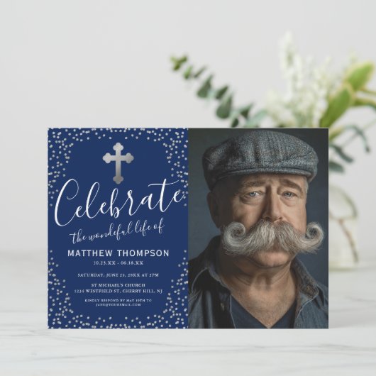 Viering van Life Blue Silver Photo Kaart (Staand voorkant)