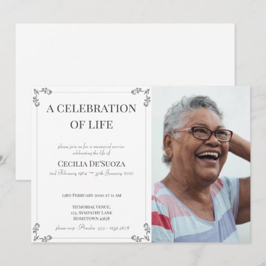 Viering van Life Elegant White Funeral Custom Kaart (Voorkant / Achterkant)