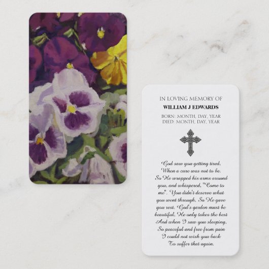 Viering van Life Pansy Flower Sympathy Card Visitekaartje (Voorkant / Achterkant)