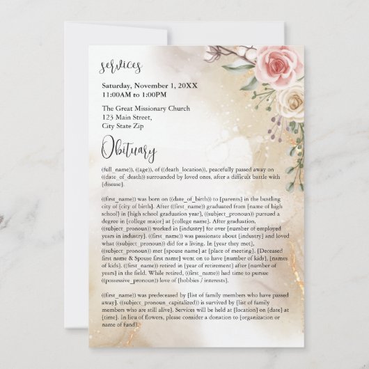 Viering van Life Peach en Gold overlijdensbericht Kaart (Achterkant)