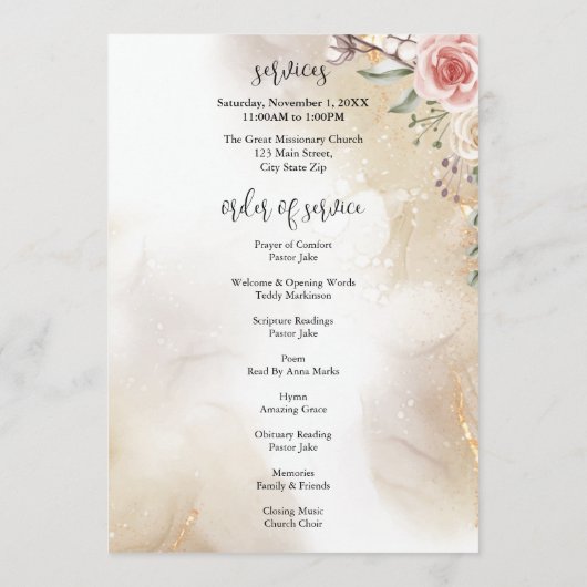 Viering van Life Peach & Gold Order of Service Programmakaart (Achterkant)