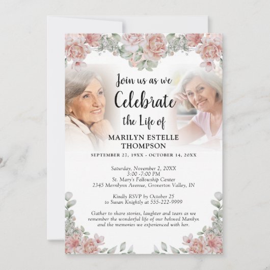 Viering van Life Pink Floral 3 Foto's Memorial Kaart (Voorkant)