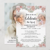 Viering van Life Pink Floral 3 Foto's Memorial Kaart (Voorkant / Achterkant)