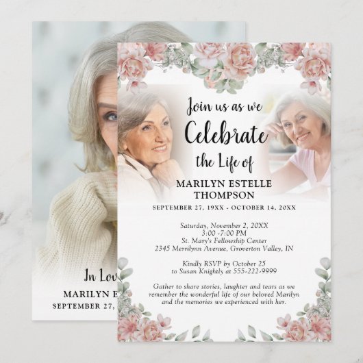 Viering van Life Pink Floral 3 Foto's Memorial Kaart (Voorkant / Achterkant)