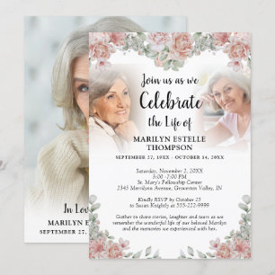 Viering van Life Pink Floral 3 Foto's Memorial Kaart