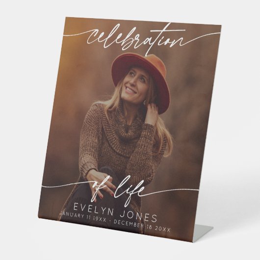 Viering van Life Script begrafenisfoto | Zwart Reclamebord Met Voetstuk (Voorkant)