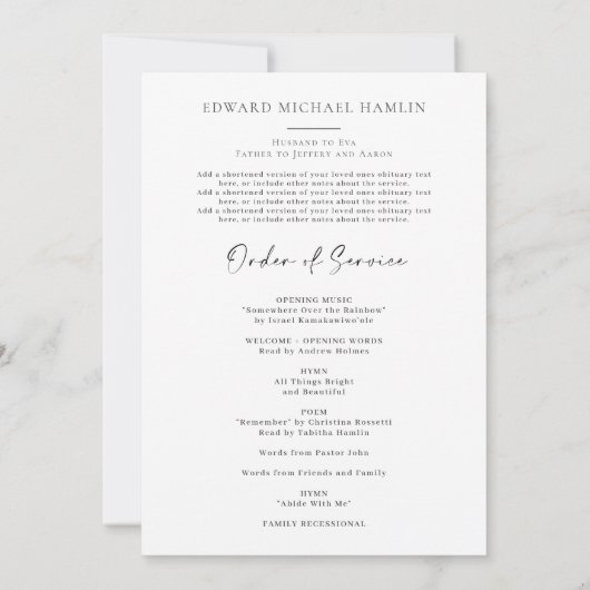 Viering van Life Service Memorial Program Kaart (Achterkant)