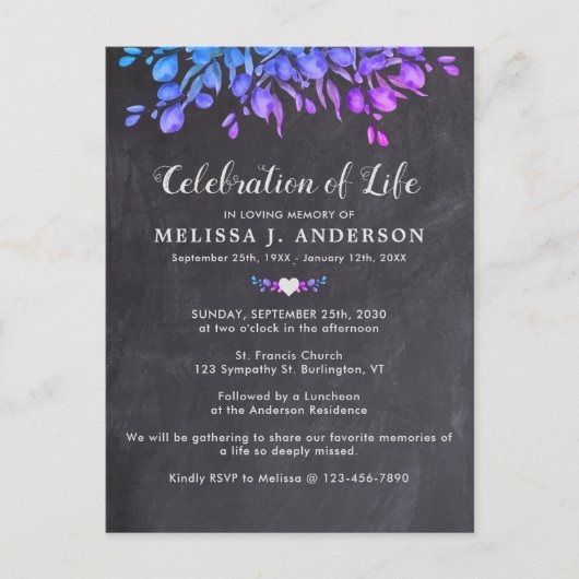 Viering van Paarse eucalyptusslaag voor het leven Uitnodiging Briefkaart (Voorkant)