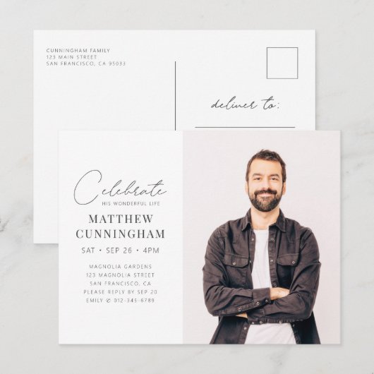 Viering van zijn prachtige leven Moderne Eenvoudig Uitnodiging Briefkaart (Voorkant / Achterkant)