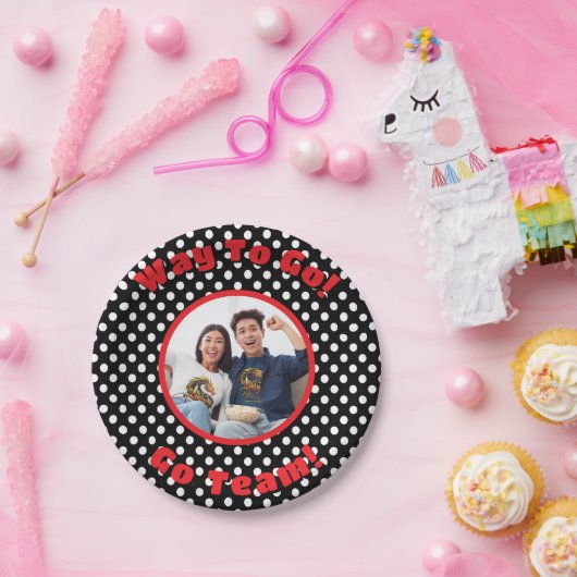 Viering Zwart/Wit Polka Dots Rood Trim Papieren Bordje (Feest)