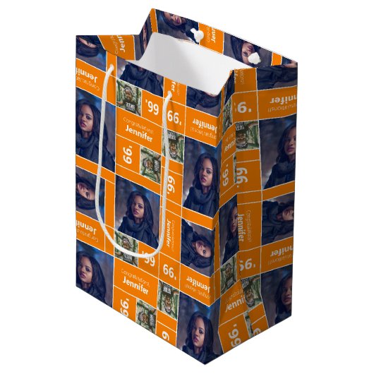 Vierkant Afstuderen jaar Oranje Medium Cadeauzakje (Voorkant Gekanteld)