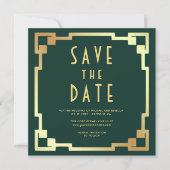 Vierkant Art Deco Frame Emerald Goud QR Code Huwel Save The Date (Voorkant)