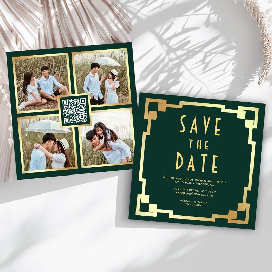 Vierkant Art Deco Frame Emerald Goud QR Code Huwel Save The Date