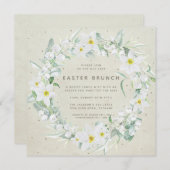 Vierkant Beige + Witte Bloemenslinger Pasen Brunch Kaart (Voorkant / Achterkant)