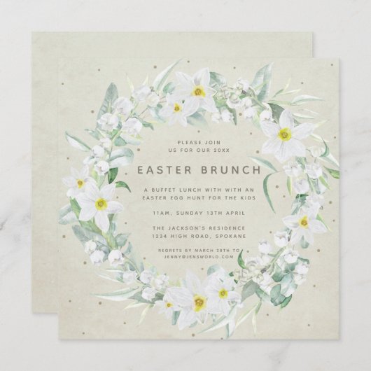 Vierkant Beige + Witte Bloemenslinger Pasen Brunch Kaart (Voorkant / Achterkant)