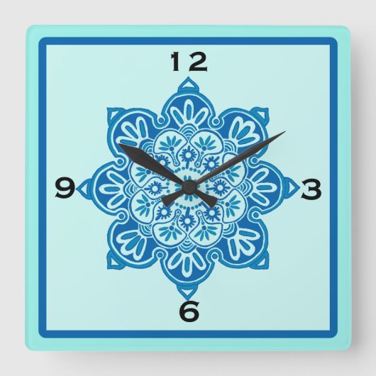 Vierkant blauw en Turquoise wandklok (Voorkant)
