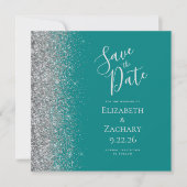 Vierkant Blauwgroen Blauw Zilver Glitter Save the  Aankondiging (Voorkant)
