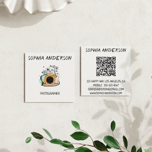 Vierkant bloemig camerafotograaf met QR-code Vierkante Visitekaartje