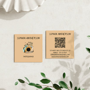 Vierkant bloemmotief camerafotograaf met QR-code Vierkante Visitekaartje
