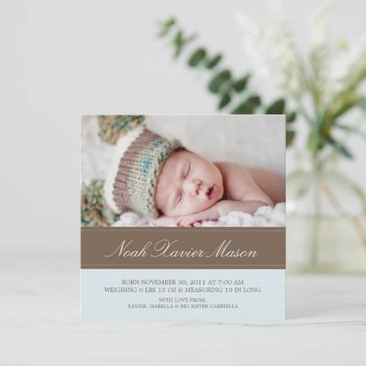 Vierkant Bruin & Blauw | Geboorteaankondiging Aankondiging (Staand voorkant)
