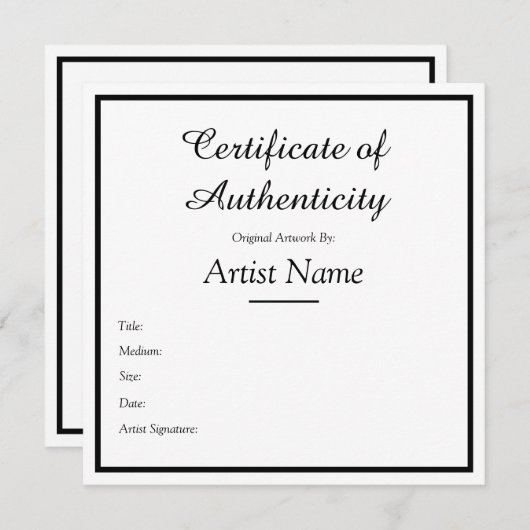  vierkant certificaat van echtheid notitiekaartje (Voorkant / Achterkant)