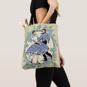 Vierkant dansen paar in blauw met bloemen tote bag
