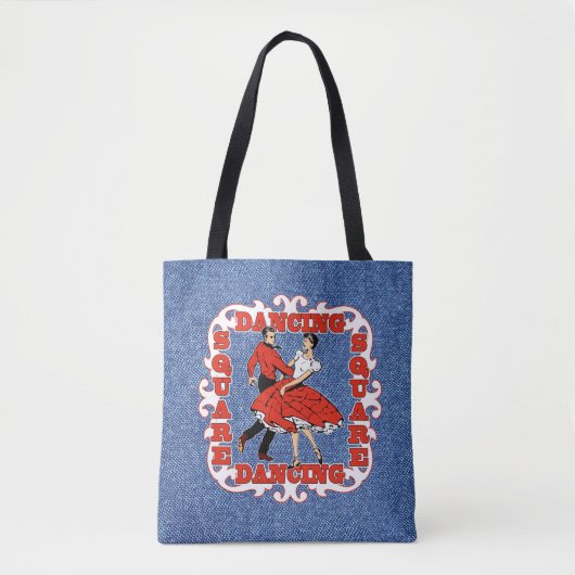 Vierkant dansen paar in rood / faux denim achtergr tote bag (Voorkant)
