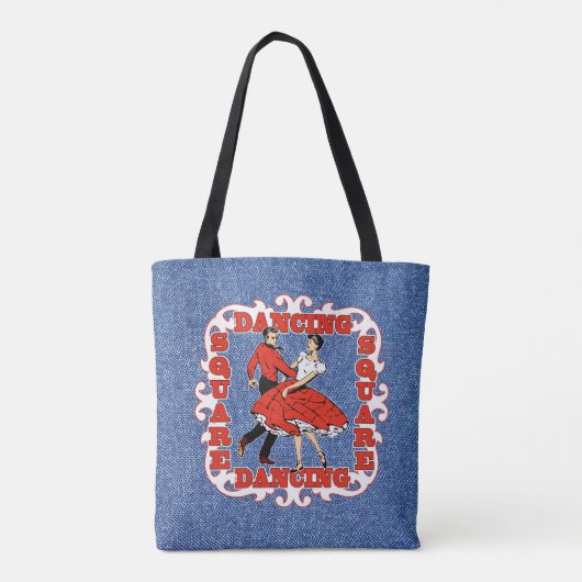 Vierkant dansen paar in rood / faux denim achtergr tote bag (Achterkant)