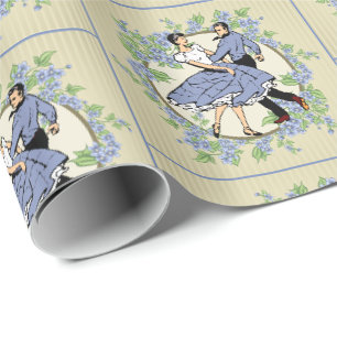 Vierkant dansen paar met bloemenblauw Lijst tan Cadeaupapier