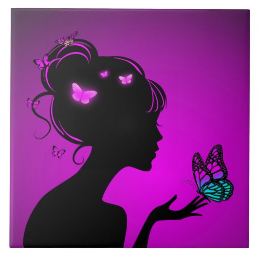 Vierkant De vrouw paarse vlinders Tegeltje (Voorkant)