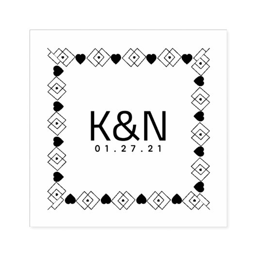 Vierkant Deco Diamant Hart Initiaal Logo Trouwen Rubberstempel (Afrduk)